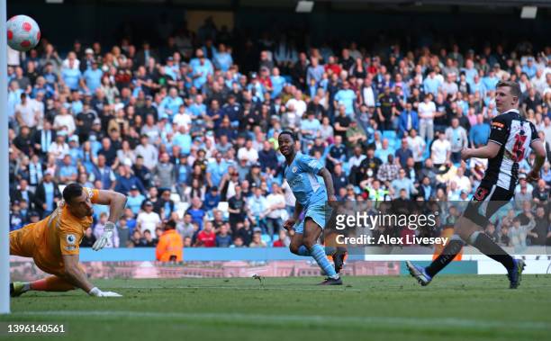 Raheem Sterling of Manchester City scores their fifth goal past Martin Dubravka of Newcastle United during the Premier League match between...