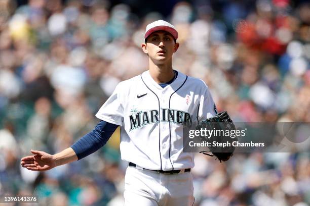 George Kirby of the Seattle Mariners reacts during the fourth inning against the Tampa Bay Rays at T-Mobile Park on May 08, 2022 in Seattle,...