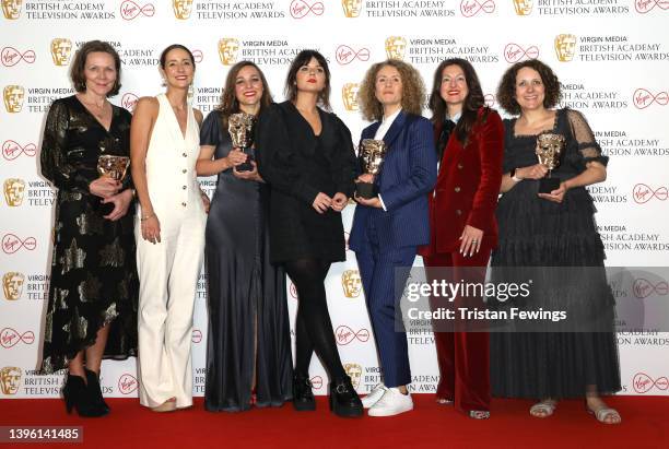 Guest, Molly Manners, Sophie Francis, Gabrielle Creevy, Kayleigh Llewellyn, Jo Hartley and Nerys Evans pose in the press room at the Virgin Media...