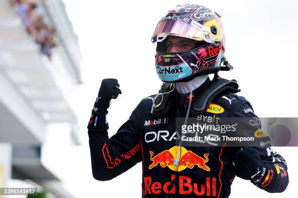 Race winner Max Verstappen of the Netherlands and Oracle Red Bull Racing celebrates in parc ferme during the F1 Grand Prix of Miami at the Miami...