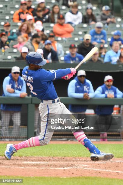 Michael A. Taylor of the Kansas City Royals singles in a run in the ninth inning during game one of a doubleheader baseball game against the...