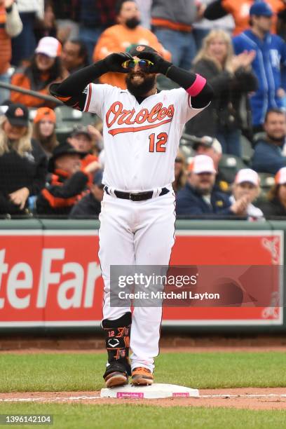Rougned Odor of the Baltimore Orioles celebrates scoring two runs with a double in the seventh inning during game one of a doubleheader baseball game...