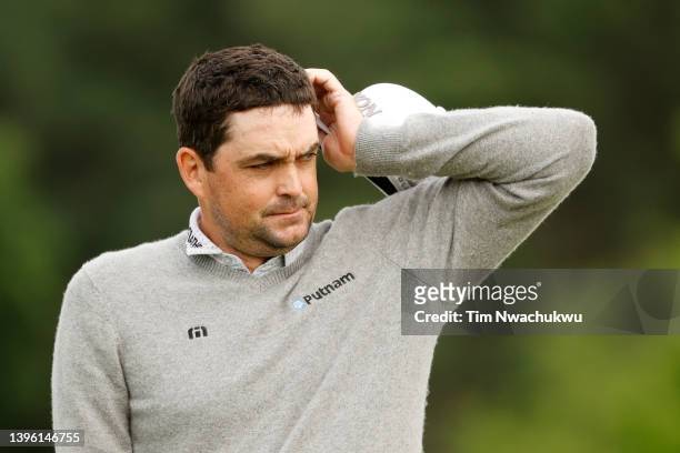Keegan Bradley of the United States reacts during the final round of the Wells Fargo Championship at TPC Potomac at Avenel Farm on May 08, 2022 in...