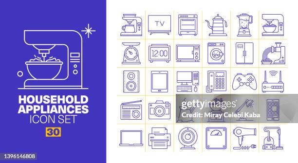 household appliances line icons set - meat grinder stock illustrations