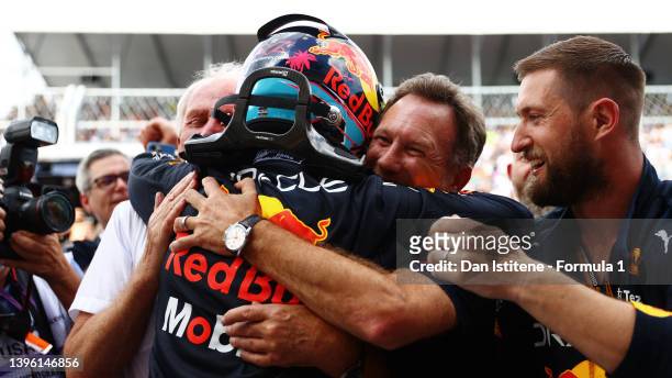 Race winner Max Verstappen of the Netherlands and Oracle Red Bull Racing celebrates with Red Bull Racing Team Principal Christian Horner in parc...