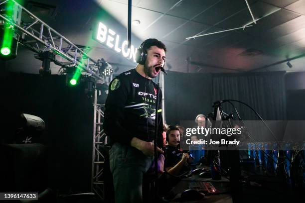 Brandon "Dashy" Otell of OpTic Texas celebrates a match win during the Call of Duty League Pro-Am Classic on May 06, 2022 in Columbus, Ohio.