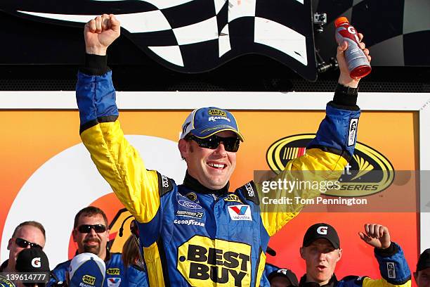 Matt Kenseth, driver of the Best Buy Ford, celebrates in Victory Lane after winning the NASCAR Sprint Cup Series Gatorade Duel 2 at Daytona...