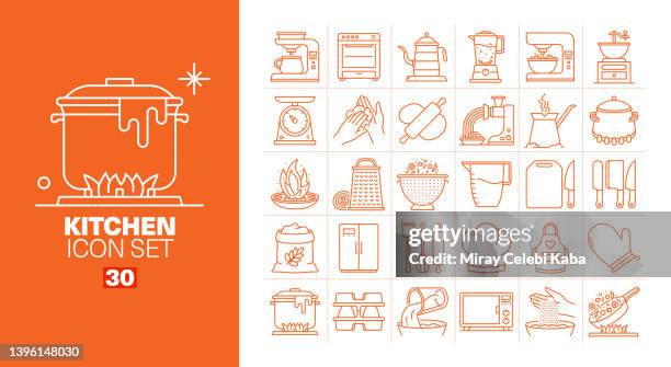 bildbanksillustrationer, clip art samt tecknat material och ikoner med kitchen line icons set - kökstillbehör