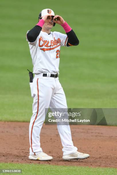 Austin Hays of the Baltimore Orioles celebrates a double in the third inning during game two of a doubleheader baseball game against the Kansas City...