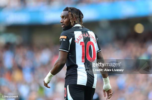 Allan Saint-Maximin of Newcastle United looks on during the Premier League match between Manchester City and Newcastle United at Etihad Stadium on...