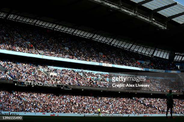 General view of the Etihad Stadium during the Premier League match between Manchester City and Newcastle United at Etihad Stadium on May 08, 2022 in...