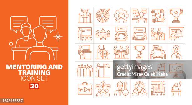 mentoring and training line icons set - flip chart stock illustrations