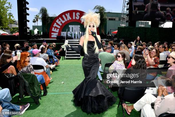 Alaska Thunderfuck performs during the WEHO Drag Brunch Hosted By Alaska Thunderfuck And Arisce Wanzer, presented by Netflix is a Joke, outdoors at...