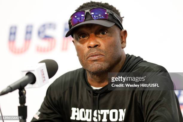 Head coach Kevin Sumlin of Houston Gamblers talks with reporters after the New Orleans Breakers defeated the Houston Gamblers 23-16 on May 08, 2022...