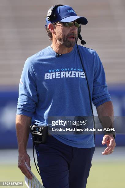 Head coach Larry Fedora of New Orleans Breakers looks on from the sideline during the game against the Houston Gamblers on May 08, 2022 in...
