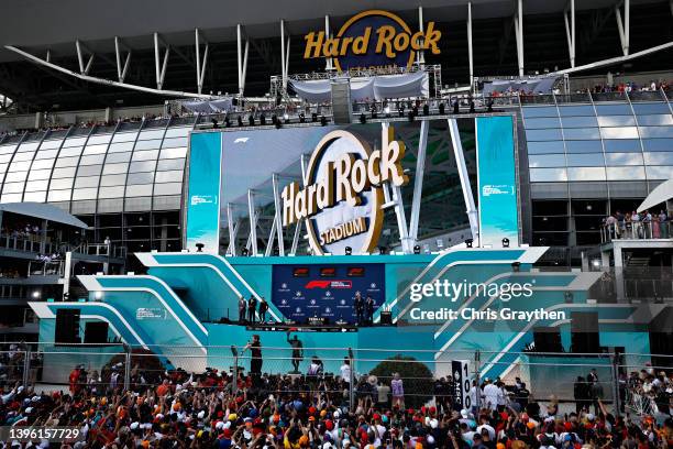 General view of the podium celebrations during the F1 Grand Prix of Miami at the Miami International Autodrome on May 08, 2022 in Miami, Florida.