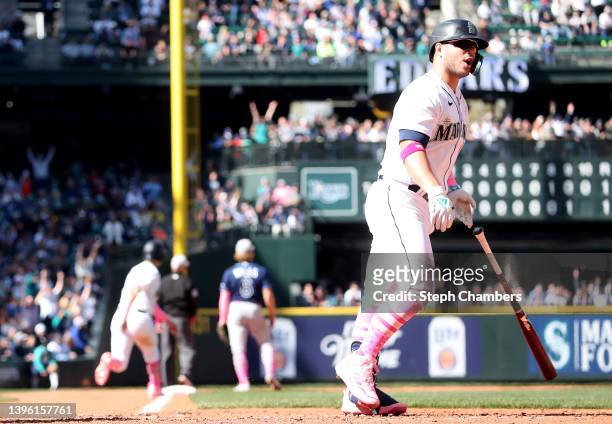 Ty France of the Seattle Mariners reacts after his walk-off single during the tenth inning against the Tampa Bay Rays at T-Mobile Park on May 08,...