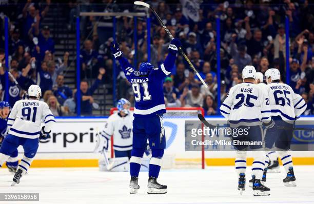Steven Stamkos of the Tampa Bay Lightning celebrates a goal in the first first period during Game Four of the First Round of the 2022 Stanley Cup...