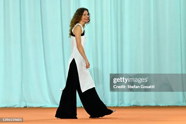 Designer Bianca Spender thanks the audience following the Bianca Spender show during Afterpay Australian Fashion Week 2022 Resort '23 Collections at...