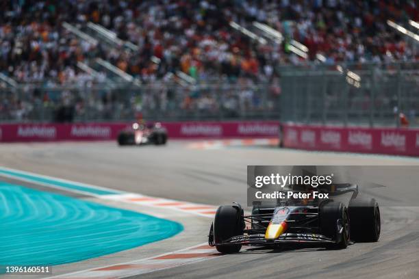 Max Verstappen of Red Bull Racing and The Netherlands during the F1 Grand Prix of Miami at the Miami International Autodrome on May 08, 2022 in...