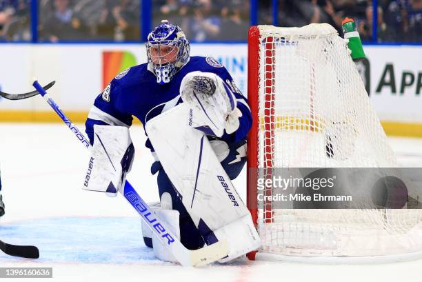 Andrei Vasilevskiy of the Tampa Bay Lightning looks on in the first first period during Game Four of the First Round of the 2022 Stanley Cup Playoffs...