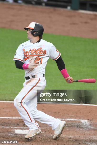 Austin Hays of the Baltimore Orioles bats in the sixth inning during game two of a doubleheader baseball game against the Kansas City Royals at...