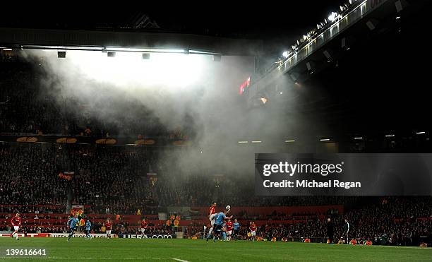 General View as Dimitar Berbatov of Manchester United and Toby Alderweireld of Ajax compete during the UEFA Europa League Round of 32 second leg...