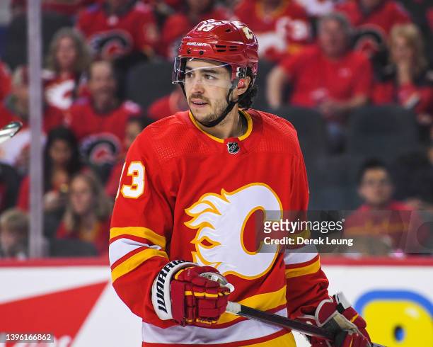 Johnny Gaudreau of the Calgary Flames in action against the Dallas Stars during Game Two of the First Round of the 2022 Stanley Cup Playoffs at...