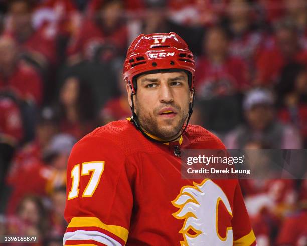 Milan Lucic of the Calgary Flames in action against the Dallas Stars during Game Two of the First Round of the 2022 Stanley Cup Playoffs at...