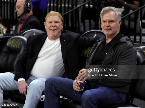 Las Vegas Raiders owner and managing general partner and Las Vegas Aces owner Mark Davis and Jim Murren attend a game between the Seattle Storm and...