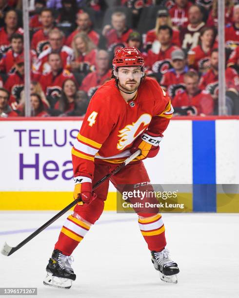 Rasmus Andersson of the Calgary Flames in action against the Dallas Stars during Game One of the First Round of the 2022 Stanley Cup Playoffs at...