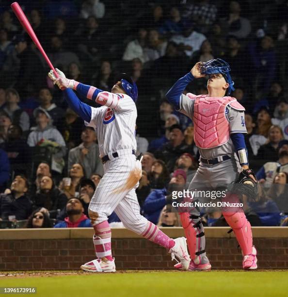 Seiya Suzuki of the Chicago Cubs reacts after his fly out during the eighth inning of a game against the Los Angeles Dodgers at Wrigley Field on May...