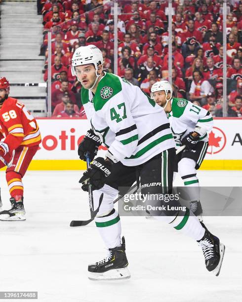 Alexander Radulov of the Dallas Stars in action against the Calgary Flames during Game One of the First Round of the 2022 Stanley Cup Playoffs at...