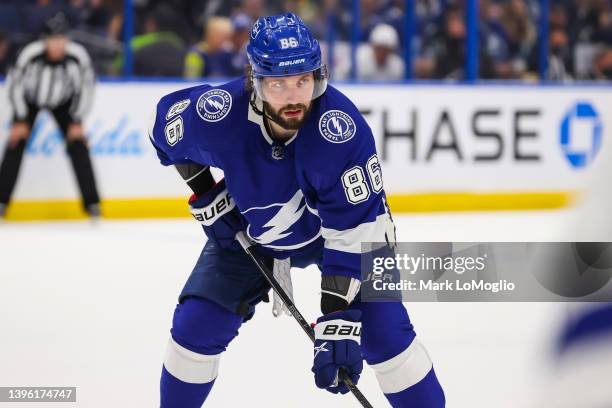 Nikita Kucherov of the Tampa Bay Lightning skates against the Toronto Maple Leafs during the first period in Game Four of the First Round of the 2022...