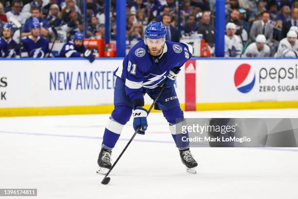 Erik Cernak of the Tampa Bay Lightning skates against the Toronto Maple Leafs during the second period in Game Four of the First Round of the 2022...
