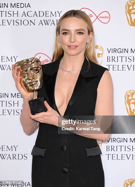 Leading Actress Award winner, Jodie Comer poses in the winners room at the Virgin Media British Academy Television Awards at The Royal Festival Hall...