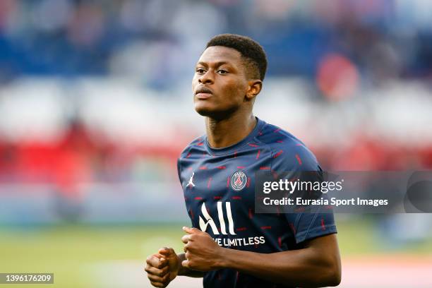 Nuno Mendes of Paris Saint Germain warming up during the Ligue 1 Uber Eats match between Paris Saint Germain and ESTAC Troyes at Parc des Princes on...