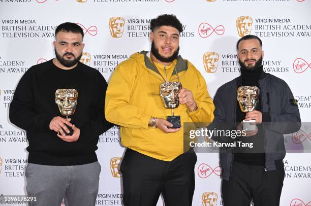 Features award winners Tubsey, Big Zuu and Hyder pose in the winners room at the Virgin Media British Academy Television Awards at The Royal Festival...
