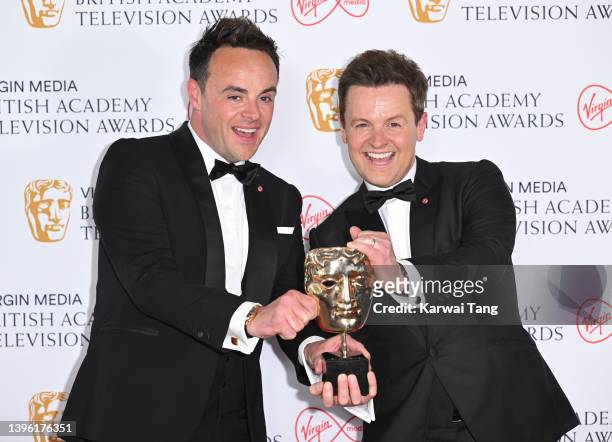 Winners of the Entertainment Programme award for Ant & Dec's Saturday Night Takeaway, Anthony McPartlin and Declan Donnelly pose in the winners room...