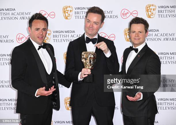 Winners of the Entertainment Programme award for Ant & Dec's Saturday Night Takeaway, Anthony McPartlin, Stephen Mulhern and Declan Donnelly pose in...