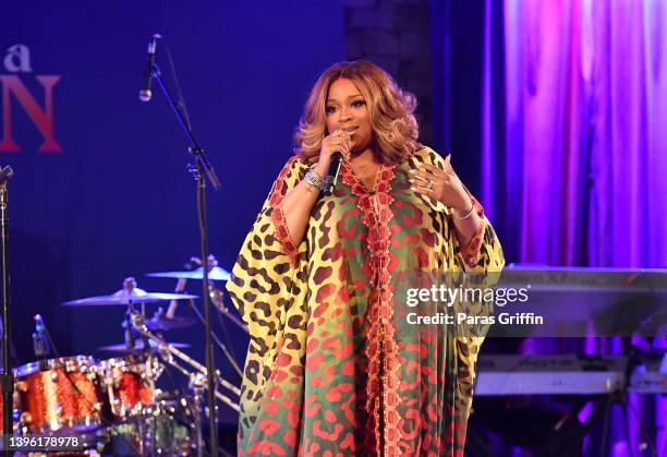 Kierra Sheard performs onstage during the Strength Of A Woman Festival & Summit Gospel Brunch at City Winery Ponce City Market on May 08, 2022 in...
