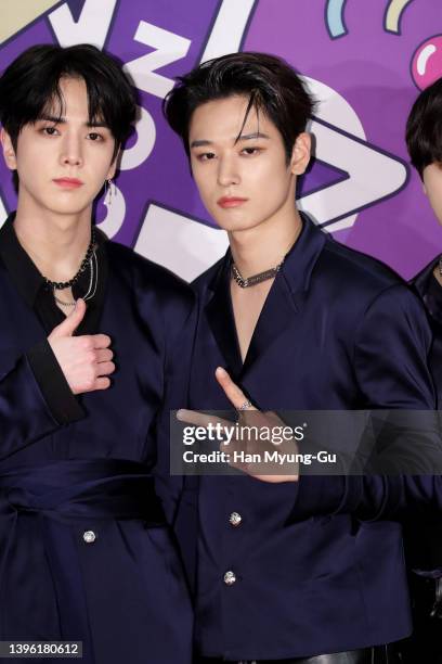 Younghoon and Juyeon of boy band The Boyz attend day two of CJ E&M 'KCON 2022 Premiere In Seoul' at CJ E&M Center on May 08, 2022 in Seoul, South...