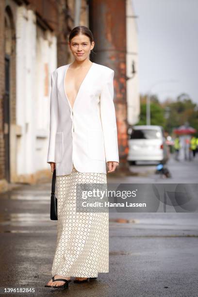 Victoria Lee is seen wearing Bianca Spender at Afterpay Australian Fashion Week 2022 on May 09, 2022 in Sydney, Australia.
