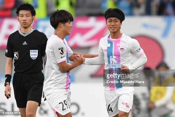 Yuki Horigome of Sagan Tosu celebrates the first goal during the J.LEAGUE Meiji Yasuda J1 12th Sec. Match between F.C.Tokyo and Sagan Tosu at...