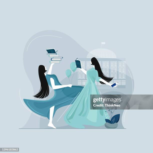 happy student jumping and celebrating joy with book - students learning together stock illustrations