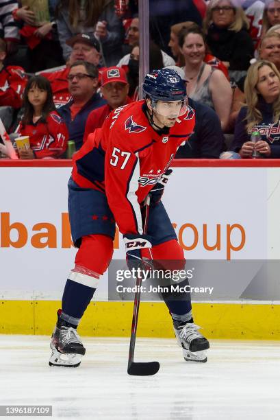 Trevor van Riemsdyk of the Washington Capitals gets set for a face-off during a game against the Florida Panthers in Game Three of the First Round of...