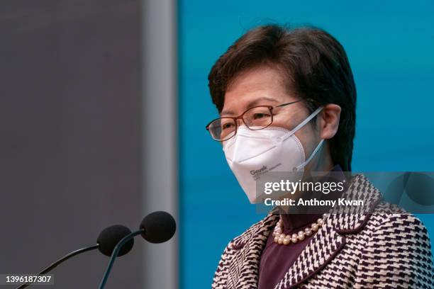 Hong Kong Chief Executive Carrie Lam speaks during a press conference at the Central Government Complex on May 09, 2022 in Hong Kong, China. John...