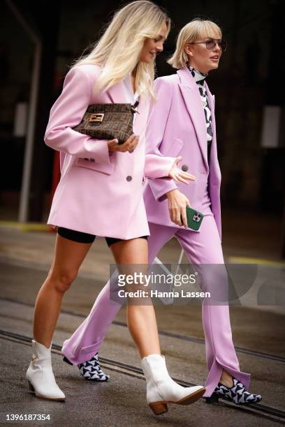 Violet Grace is seen wearing Bianca Spender lavender suit, Bottega Veneta shirt and shoes, Prada bolo tie Dion Lee glasses, Coperni bag at Afterpay...