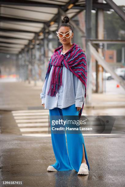 Zahli Napier wearing Missoni shawl, Lioness shirt, Vintage Harleu Davidson at Afterpay Australian Fashion Week 2022 on May 09, 2022 in Sydney,...