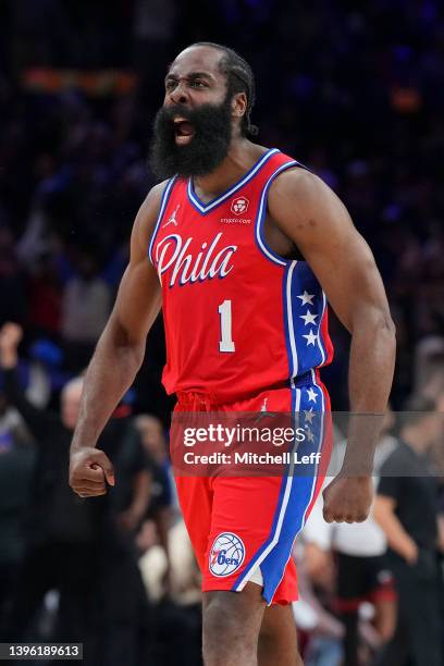 James Harden of the Philadelphia 76ers reacts against the Miami Heat during Game Four of the 2022 NBA Playoffs Eastern Conference Semifinals at the...